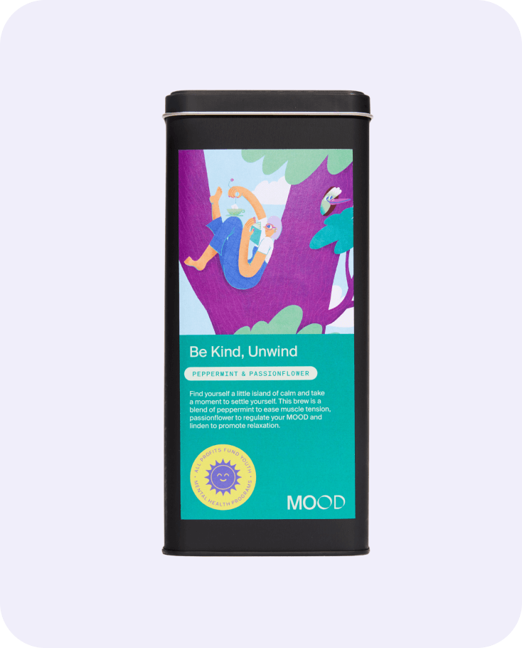 Peppermint and passionflower herbal tea tin by MOOD Tea