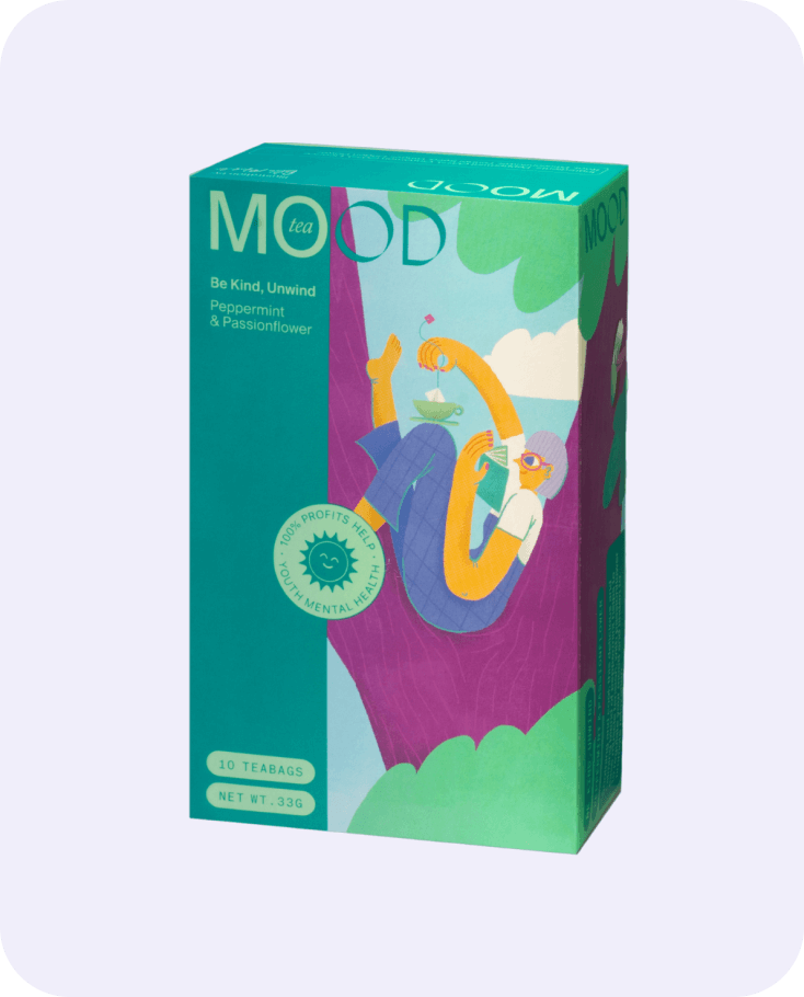 Peppermint and passionflower herbal tea box by MOOD Tea