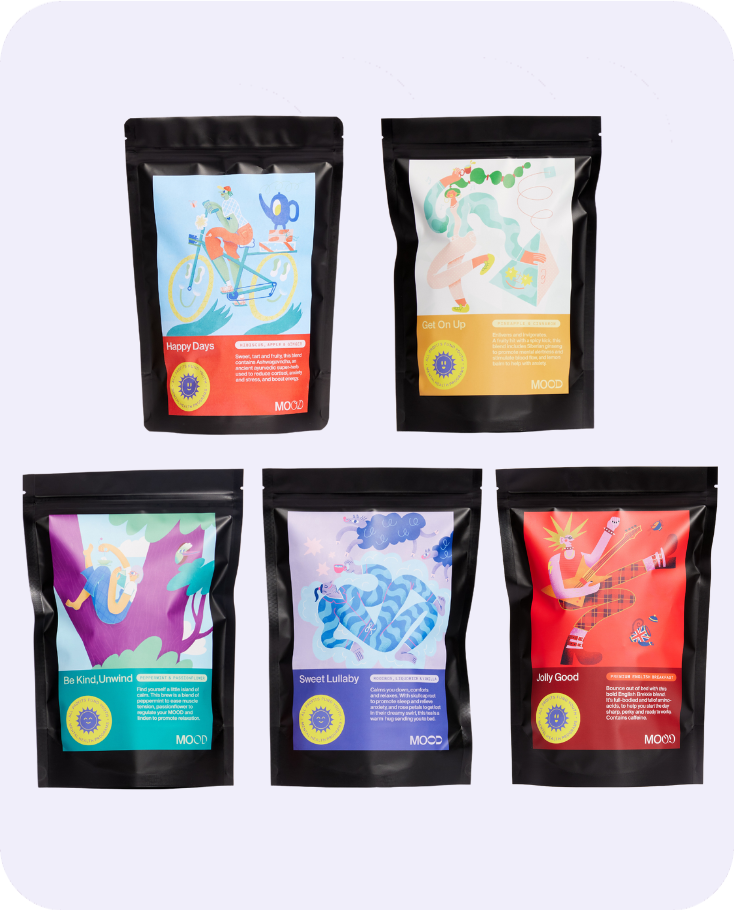MOOD Tea pouch bundle with premium herbal teas and English Breakfast